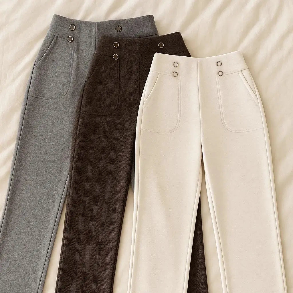 [Leve 3, Pague Só 2] Calça Solena Feminina em Algodão, Poliéster e Viscose de Cintura Alta com Botões Frontais